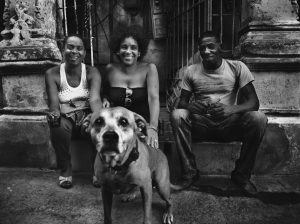 Some friends and a dog sit and drink a little room in the streets of Cuba
